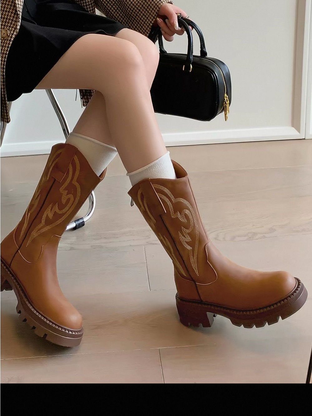 Brown Women's Western Lug Boots - Stylish Mid-Calf Leather